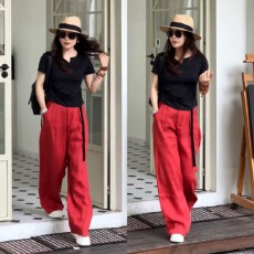 批发<b class='q'>女</b>装洋气穿搭套装2026夏季新款设计感短袖T恤红色休闲直筒阔腿<b class='q'>裤</b>
