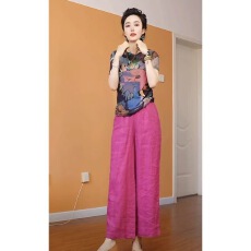 批发<b class='q'>欧洲站</b>2026夏季新款洋气百搭显瘦圆领T恤时尚高腰纯色麻裤两件套