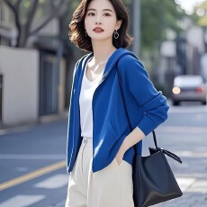 批发2025洋气流行减龄秋季今年新款<b class='q'>休闲</b>连帽百搭卫衣<b class='q'>外套</b>上衣蓝色女装