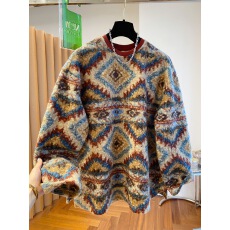 批发费尔岛羊羔毛卫衣女中长款宽松大版洋气复古百搭慵懒风遮屁股上衣