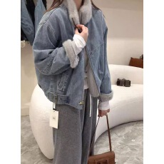 批发欧货加绒加厚牛仔外套女<b class='q'>冬</b>季短款2025新款宽松休闲水貂毛拼接棉服