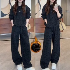 批发洋气时尚套装女秋<b class='q'>冬</b>款宽松显瘦豹纹连帽小标卫衣直筒休闲裤两件套