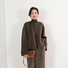 批发2025年新款时尚大衣短款小香风呢子宽松落肩袖双面呢短外套女