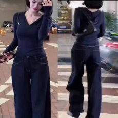 批发<b class='q'>时尚</b>休闲套装女2026秋装新款连帽休闲t恤衫阔腿牛仔裤减龄显瘦潮