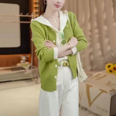 批发官图  假两件拼接针织开衫女2026春季<b class='q'>新款</b>拼色设计感宽松连帽<b class='q'>毛衣</b>