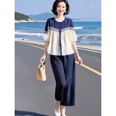 批发素订女装原创品牌旗舰店拼色宽松<b class='q'>衬衫</b>+松紧腰九分阔腿裤套装春季