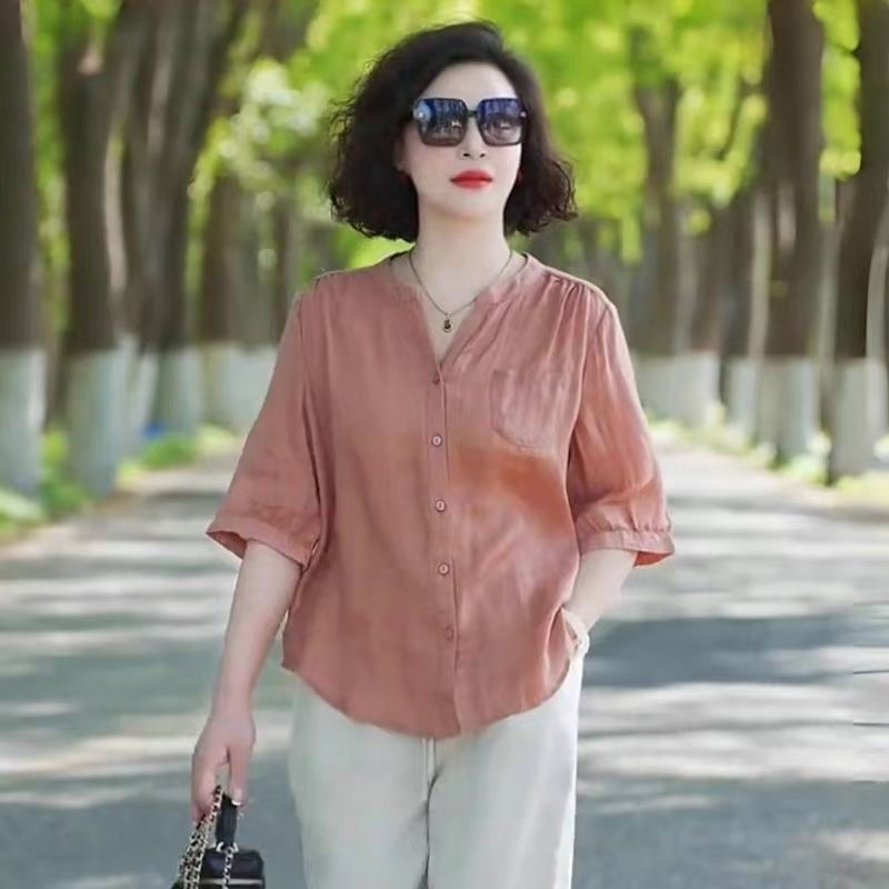 고급 패션 주간 실크 여성 셔츠 여름 얇은 스타일 패션 셔츠 어머니 드레스 루즈핏 슬림해 보이는 연령 감소 반팔 맨위