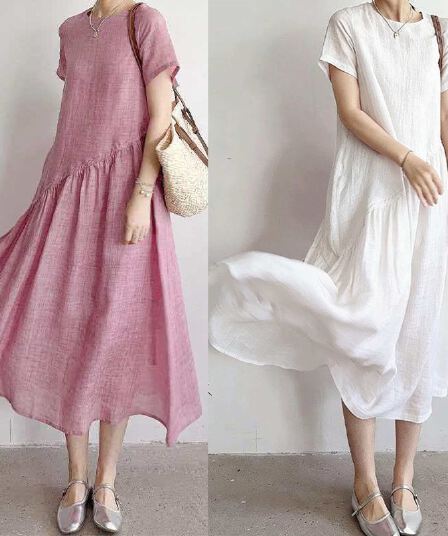 여름 새로운 면 린넨 여성 드레스 문예 팬 빅 사이즈 루즈핏 통기성 민소매 단색 아마 치마
