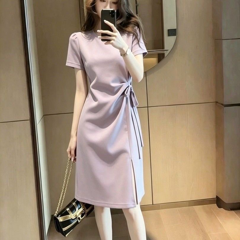 RY6270# 法式纯色休闲绑带收腰短袖连衣裙女夏季新款设计感下摆开叉长裙...