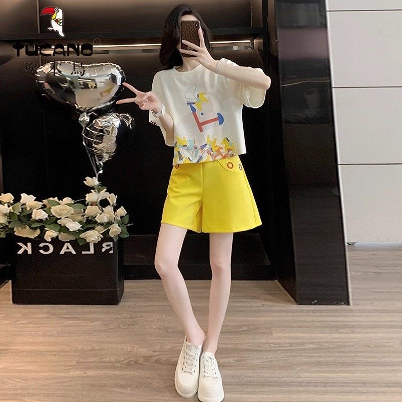 RY6268# 超火巨好看的多巴胺休闲运动套装女夏季减龄小个子短袖短裤两件...