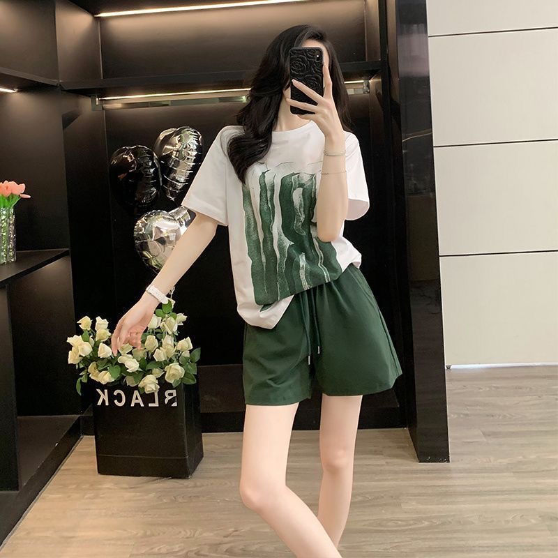 RY6267# 洋气时尚印花短袖套装女夏2026休闲运动宽松短裤两件套潮显...