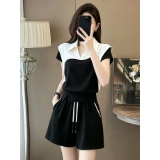 批发高级感时尚<b class='q'>运动</b>休闲套装女夏显瘦气质撞色翻领<b class='q'>短袖</b>高腰短裤两件套
