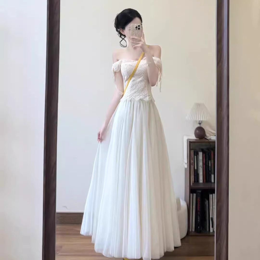 여름 코디 세트 여성 빅 사이즈 지방 mm 새는 어깨 레이스 맨위 망사 반신 치마 부드러운 아름다운 드레스