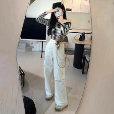 批发春季穿搭一整套<b class='q'>大码</b>胖mm斜肩条纹上衣阔腿裤子独特减龄时尚套装女