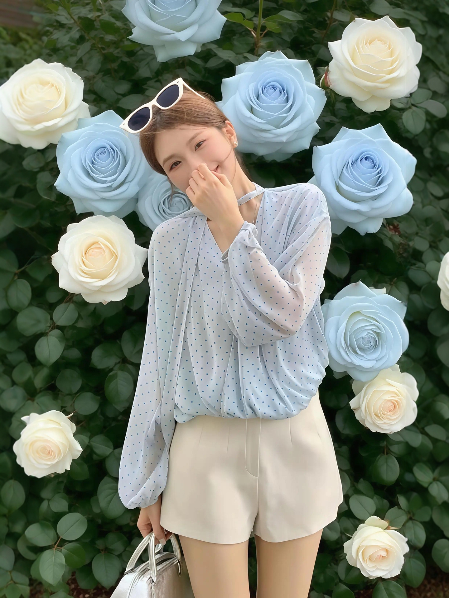 여름 코디 전체 집합 빅 사이즈 지방 mm 도트 무늬 쉬폰 셔츠 반바지 한 부서 부드러운 고유 한 아름다운 세트 여성