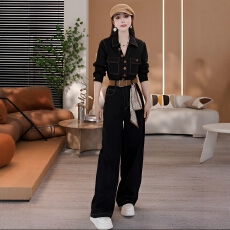 批发收腰黑色<b class='q'>阔</b><b class='q'>腿</b><b class='q'>连体裤女</b>秋季大码胖mm时尚复古高级好看连衣裤长裤子