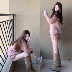 批发秋季搭配一整套大码胖mm粉色镂空针织衫短裙子<b class='q'>甜美</b>时尚漂亮套装女