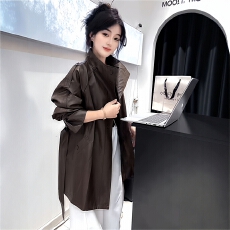 批发咖色立领PU皮衣外套女<b class='q'>秋</b>季大码胖mm气质时尚高级感中长款收腰风衣