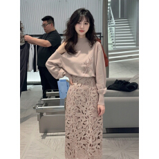 批发秋季搭配一整套<b class='q'>大码</b>胖mm粉色露肩针织衫镂空半身裙甜美漂亮套装女