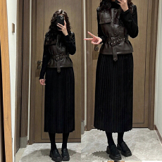 批发秋冬季穿搭一整套<b class='q'>大码</b>胖mm皮衣马甲百褶<b class='q'>连衣裙</b>减龄好看两件套装<b class='q'>女</b>