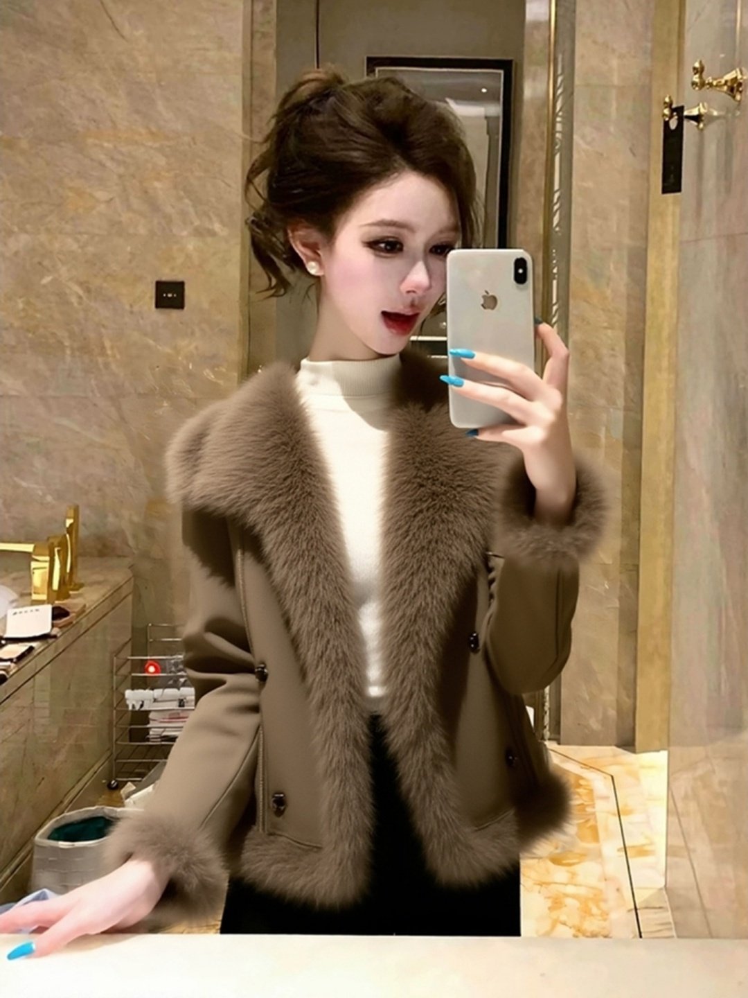 커피 색상 큰 모피 칼라 쇼트 스타일 면 의류 여성 코트 겨울 빅 사이즈 지방 mm 캐주얼 연령 감소 잘 생긴 두꺼운 보온 면 옷
