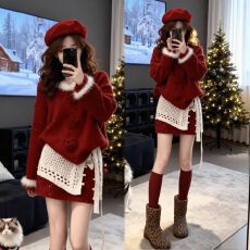 批发冬季穿搭一整套<b class='q'>大码</b>胖mm红色针织衫短裙氛围感圣诞新年独特套装女