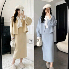 批发冬季穿搭一整套<b class='q'>大码</b>胖mm毛呢外套蝴蝶结衬衫半身裙独特气质套装女