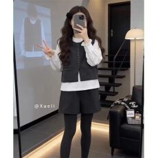 批发春季搭配一整套大码胖mm白色衬衫叠穿马甲<b class='q'>短裤</b>韩版减龄三件套装女