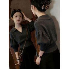 批发灰色v领收腰短款<b class='q'>针织衫</b>女春季大码胖mm好看<b class='q'>宽松</b>漂亮长袖毛衣上衣