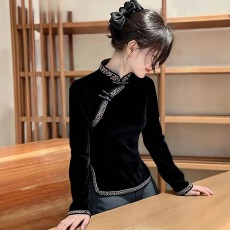 批发新中式国风黑色立领丝绒衬衫女<b class='q'>春</b>秋大码胖mm气质盘扣打底衬衣上衣