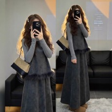 批发春秋季穿搭一整套<b class='q'>大码</b>胖mm灰色马甲打底衫半裙独特复古三件套装女