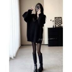 批发风中长款黑色V领针织衫女春秋季大码胖mm慵懒<b class='q'>休闲</b>打底衫内搭上衣