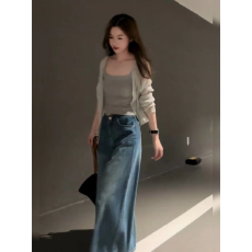 批发<b class='q'>春秋</b>搭配一整套大码胖mm针织开衫吊带牛仔裤韩系松弛感三件套装女