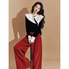 批发减龄<b class='q'>套装</b>女春秋大码胖mm<b class='q'>丝绒</b>上衣阔腿裤新中式气质高级两件套