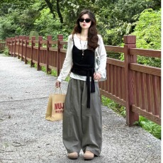 批发春季穿搭一整套大码韩系<b class='q'>胖</b><b class='q'>mm</b>白色打底衫叠穿吊带休闲阔腿裤套装女