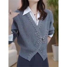 批发灰色假两件拼接翻领针织上衣女秋<b class='q'>冬</b>季大码胖mm气质漂亮钉珠打底衫