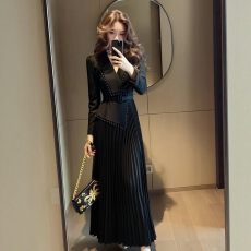 批发法式高级假两件V领长袖<b class='q'>连衣裙</b>女秋冬大码胖mm气质漂亮收腰<b class='q'>长裙</b>子