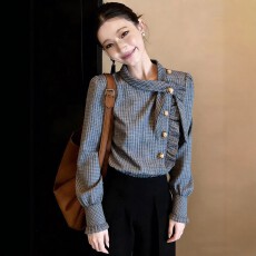 批发不对称长袖格纹衬衫女春季大码<b class='q'>胖</b><b class='q'>mm</b>设计感独特通勤巨好看衬衣上衣