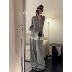批发春季搭配一整套大码<b class='q'>胖</b><b class='q'>mm</b><b class='q'>灰色</b>针织开衫阔腿裤韩系松弛感独特套装女