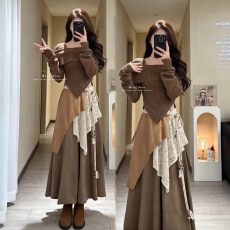 批发韩式搭配一整套早春美拉德气质独特一<b class='q'>字</b>肩针织衫屁帘<b class='q'>半身裙</b>裤套装