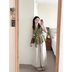 批发夏季穿搭一整套大码<b class='q'>胖</b><b class='q'>mm</b><b class='q'>收腰</b>无袖上衣休闲阔腿裤减龄时尚两件套装