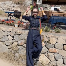 批发工装风深蓝色牛仔连体裤女春季大码<b class='q'>胖</b><b class='q'>mm</b><b class='q'>高级</b>复古高腰阔腿连衣裤子