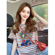 批发字母印花条纹短袖T恤女装夏季大码<b class='q'>胖</b><b class='q'>mm</b><b class='q'>宽松</b>显瘦休闲减龄好看上衣