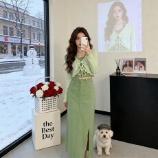 批发春季穿搭一整套大码<b class='q'>胖</b><b class='q'>mm</b><b class='q'>绿色</b>针织开衫背心半身裙独特漂亮三件套装