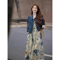 批发2026春季新款盐系轻熟风时尚减龄水墨画连衣裙配牛仔短外套两件套