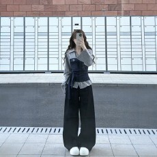 批发春季穿搭一整套大码胖mm撞色<b class='q'>假两件</b>绑带收腰<b class='q'>衬衫</b>阔腿裤巨好看套装