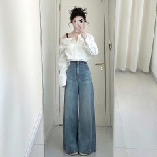 批发春季穿搭一整套大码胖mm衬衫上衣阔腿牛仔裤韩系超火巨好看套装女