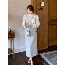 批发春季流行穿搭<b class='q'>小香</b>风气质蓝色马甲衬衫半身裙<b class='q'>套装</b>女盐系时尚三件套