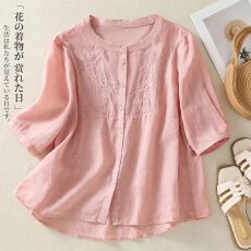 批发文艺高端苎麻绣花上衣圆领<b class='q'>妈妈</b>棉麻小衫五分袖宽松薄款亚麻衬衫女