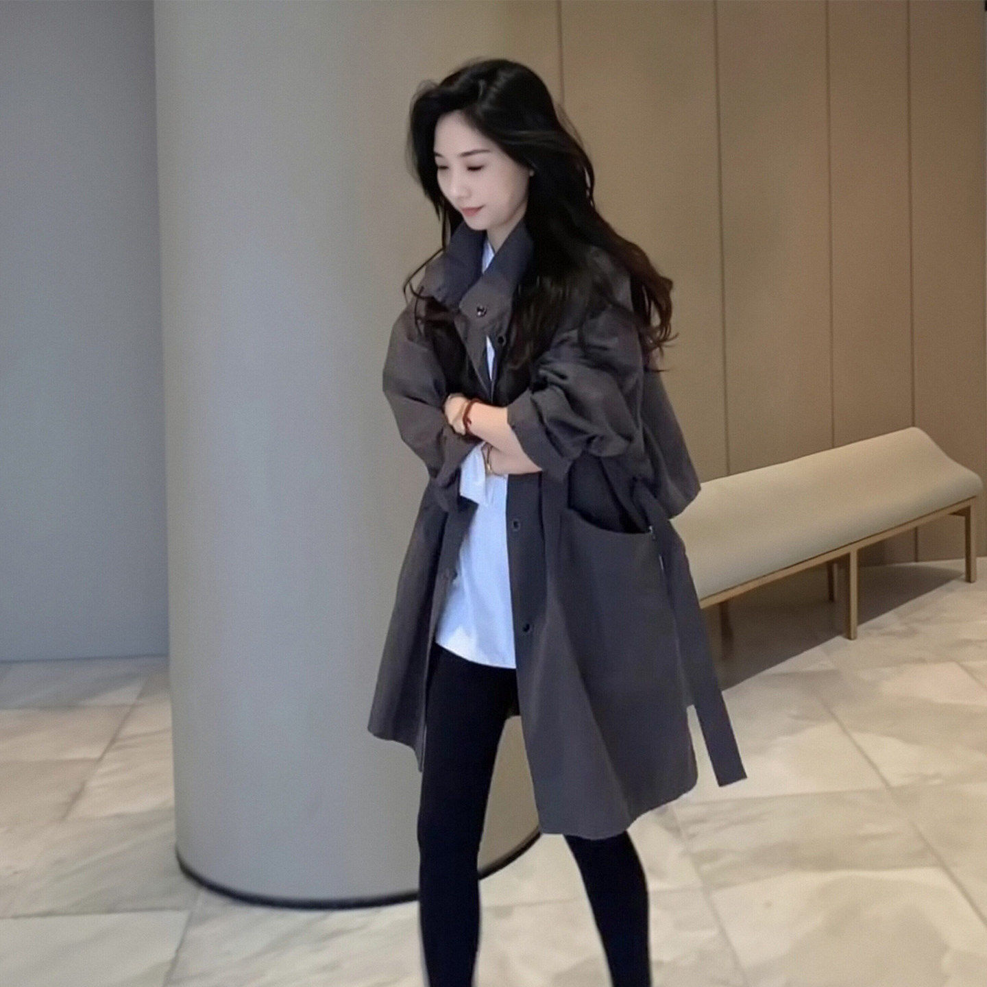 중간 길이 스탠드 칼라 재킷 재킷 여성 의류 봄 빅 사이즈 지방 mm 루즈핏 품격 느긋한 바람 캐주얼 얇은 스타일 코트